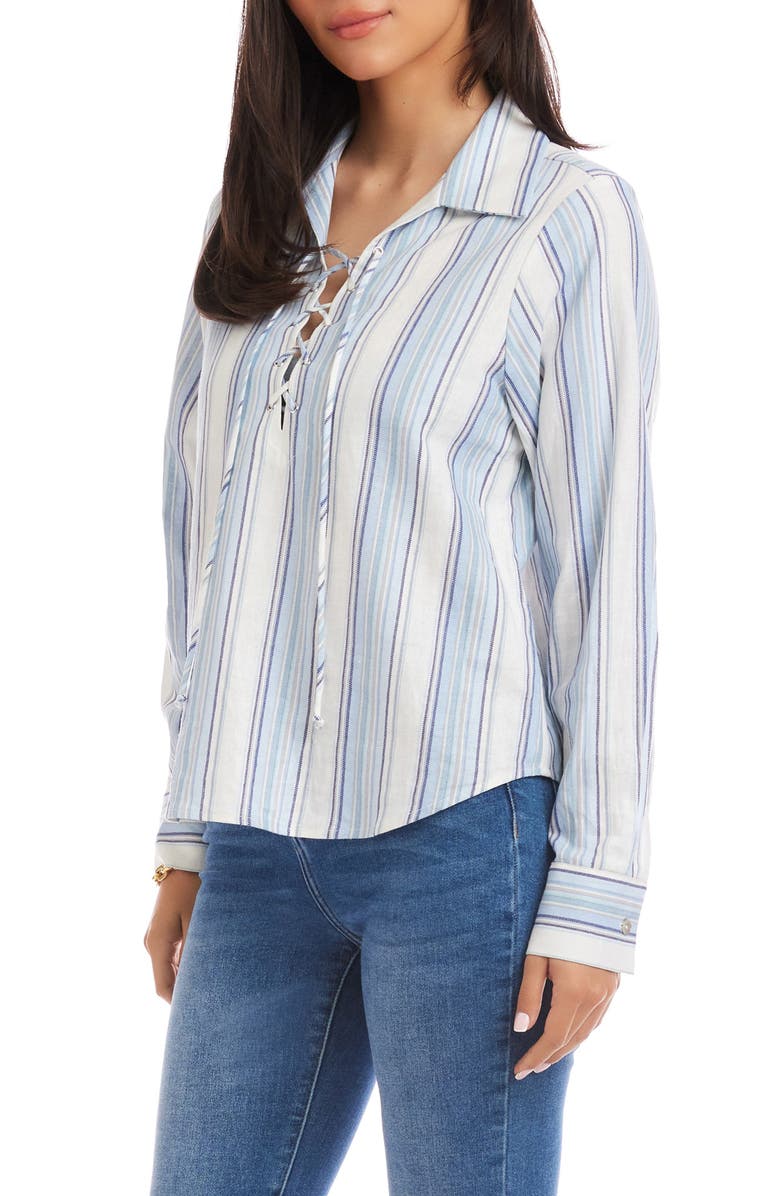 Karen Kane Stripe Linen Blend Lace-Up Popover Shirt, Alternate, color, Stripe