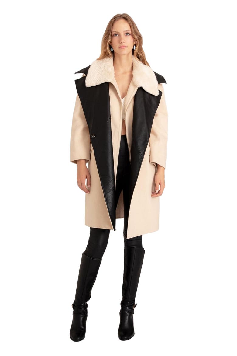 Watch Me Go Oversized Leather Trimmed Coat, Main, color, Pale Oat