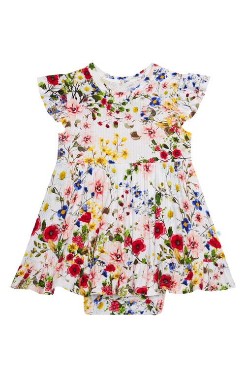 Posh Peanut Barbara Floral Flutter Sleeve Skirted Bodysuit in Open White  product