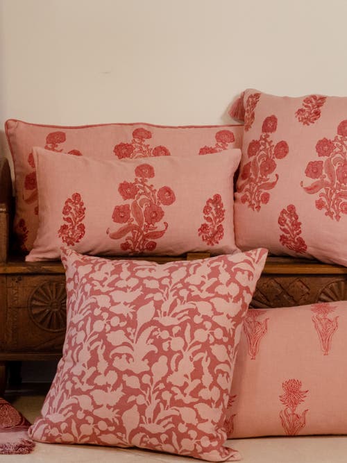Alamwar English Garden Lumbar Pillow Cover In Coral/clay/rose On Sand
