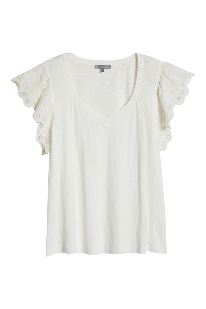 Eyelet Flutter Sleeve V-Neck T-Shirt, Alternate, color, WHITE