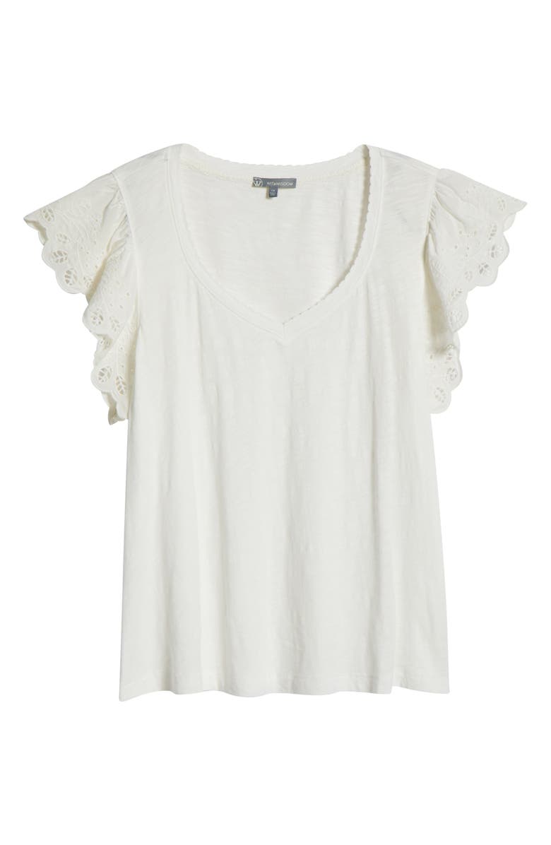 Wit & Wisdom Eyelet Flutter Sleeve V-Neck T-Shirt, Alternate, color, White