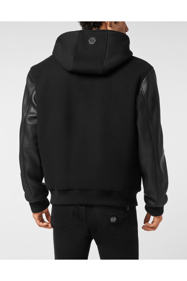 Hooded Varsity Bomber With Leather Sleeves Greatness Men, Alternate, color, black/black