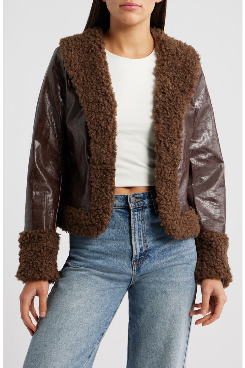 Found A Reason Faux Leather & Faux Shearling Trim Crop Jacket, Main, color, BROWN