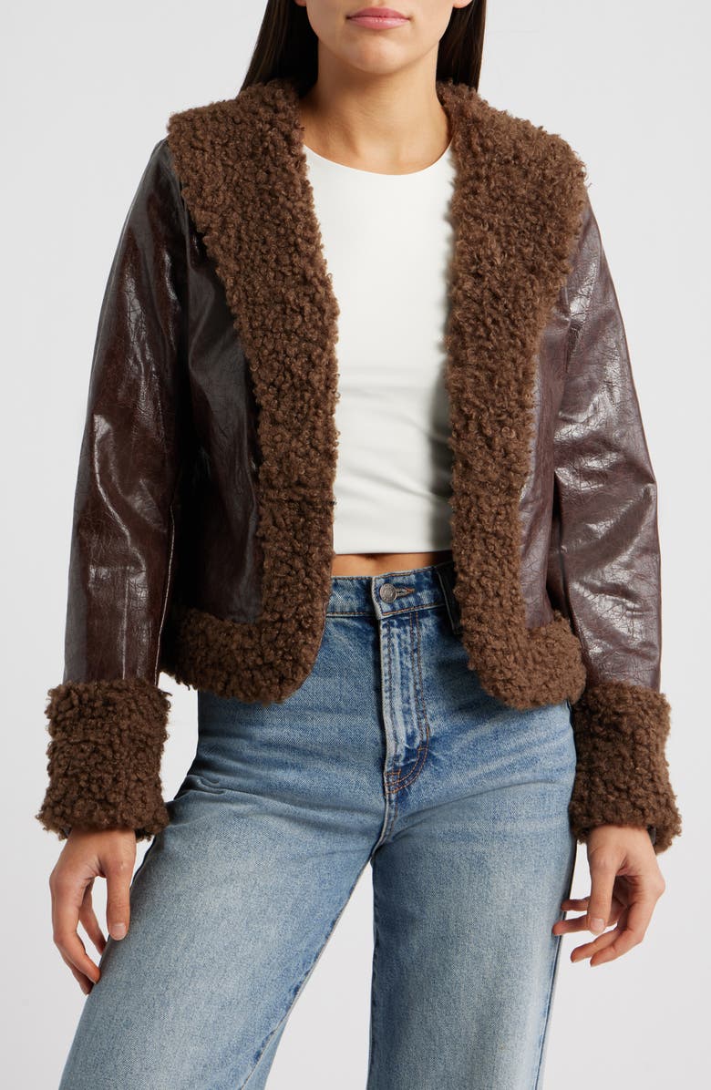 Princess Polly Found A Reason Faux Leather & Faux Shearling Trim Crop Jacket, Main, color, Brown