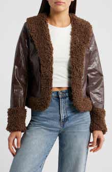 Found A Reason Faux Leather & Faux Shearling Trim Crop Jacket