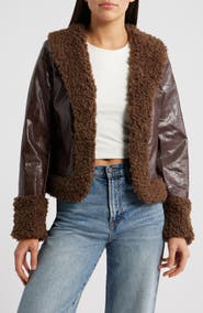 Princess Polly Found A Reason Faux Leather & Faux Shearling Trim Crop Jacket