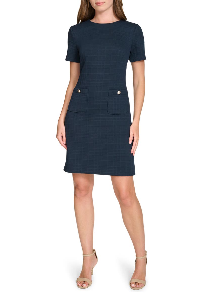 Windowpane Short Sleeve Shift Dress, Main, color, SKY CAPTAIN
