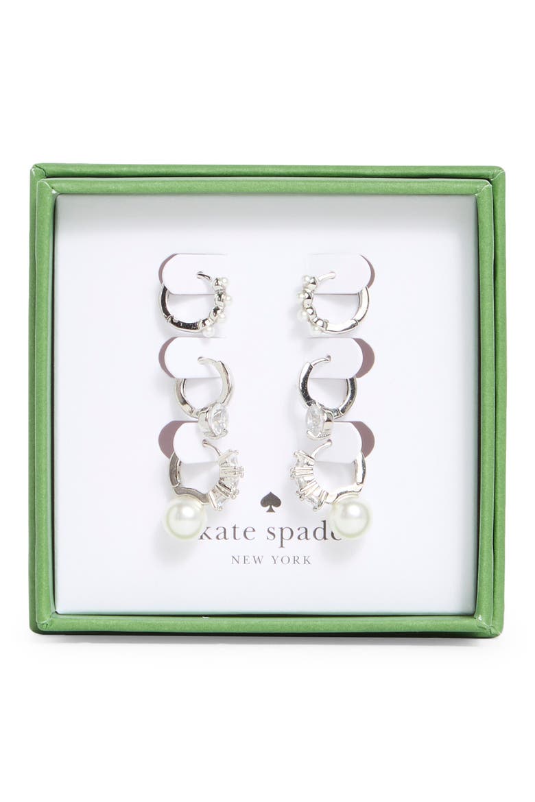 set of 3 assorted mini hoop earrings, Main, color, CREAM/ SILVER