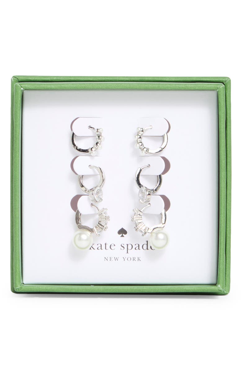 Kate Spade New York set of 3 assorted mini hoop earrings, Main, color, Cream/ Silver