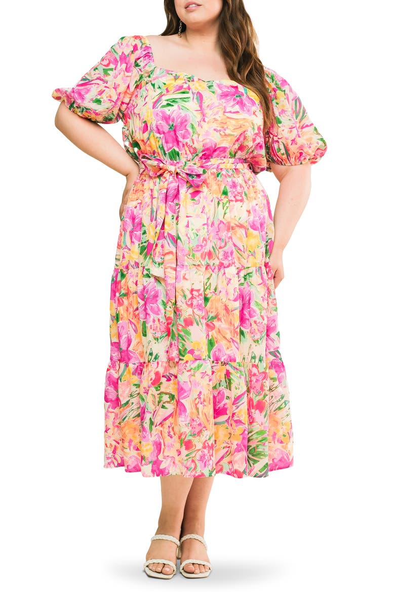 Printed Tie Waist Tiered Maxi Dress, Main, color, IVORY FUCHSIA