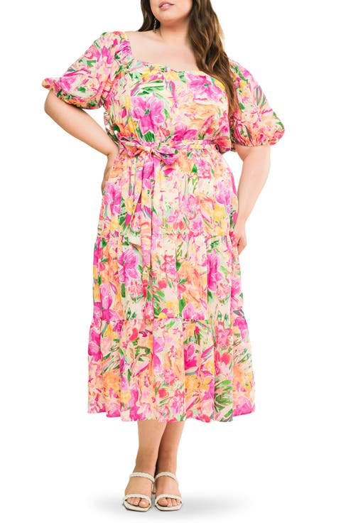 Printed Tie Waist Tiered Maxi Dress (Plus)