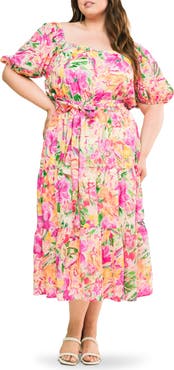 FLYING TOMATO Printed Tie Waist Tiered Maxi Dress