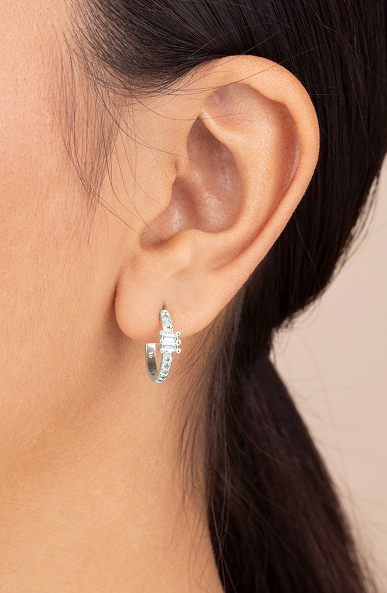 Sterling Forever Kristin Emerald Cut Cubic Zirconia Micro Hoop Earrings, Alternate, color, Silver