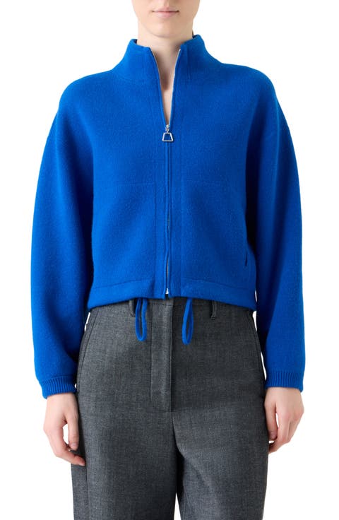 Piqué Knit Cashmere Crop Zip-Up Cardigan