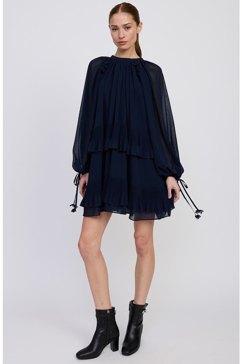 Nicolette Tiered Ruffle Long Sleeve Trapeze Dress, Alternate, color, NAVY