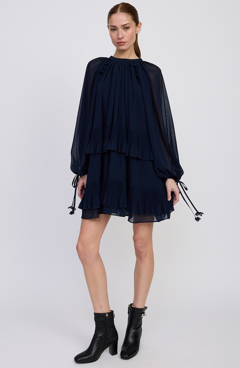En Saison Nicolette Tiered Ruffle Long Sleeve Trapeze Dress, Alternate, color, Navy