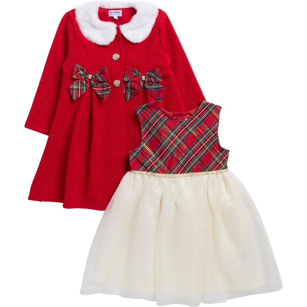 Blueberry Kids' Party Dress & Faux Fur Collared Coat Set In Red