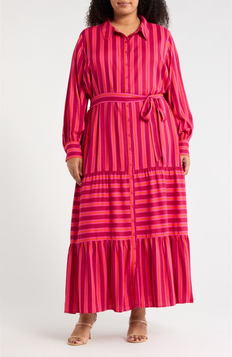 Clarisa Mavina Stripe Long Sleeve Button-Up Shirtdress (Plus)
