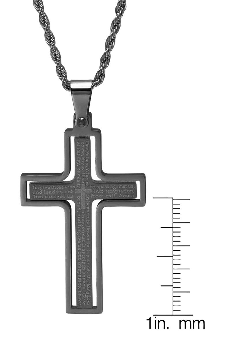 Black IP Stainless Steel Lord's Prayer Engraved Cross Pendant Necklace, Alternate, color, BLACK
