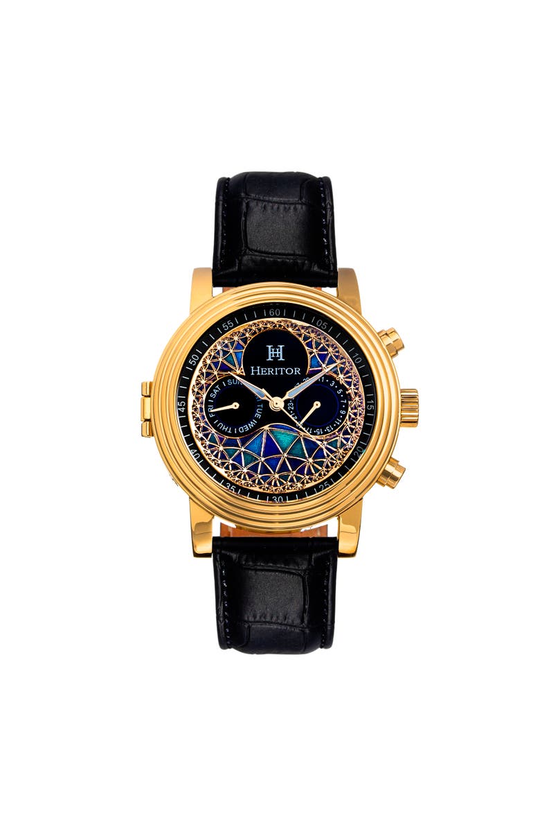 Heritor Automatic Legacy Leather-Band Watch w/Day/Date, Main, color, Gold/Black