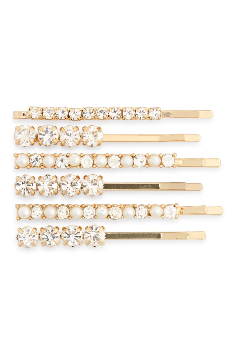 Set of 6 Imitation Pearl & Crystal Hair Clips, Main, color, IVORY COMBO