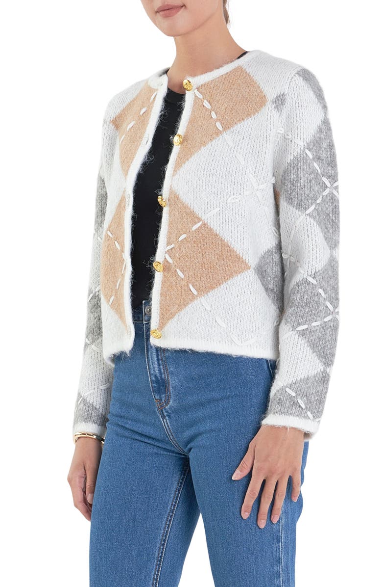 English Factory Argyle Crop Cardigan, Alternate, color, White