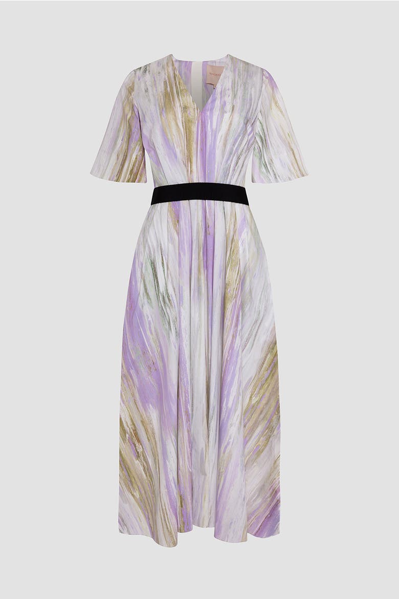 Sana Printed V-Neck Midi Dress, Alternate, color, Brush Chalk / Wisteria