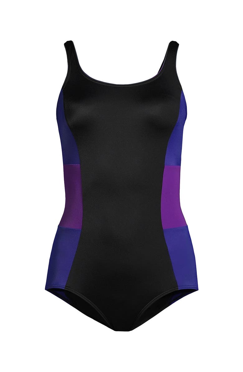 Lands' End Mastectomy Chlorine Resistant Tugless One Piece Swimsuit Soft Cup, Alternate, color, Black/Purple Grape