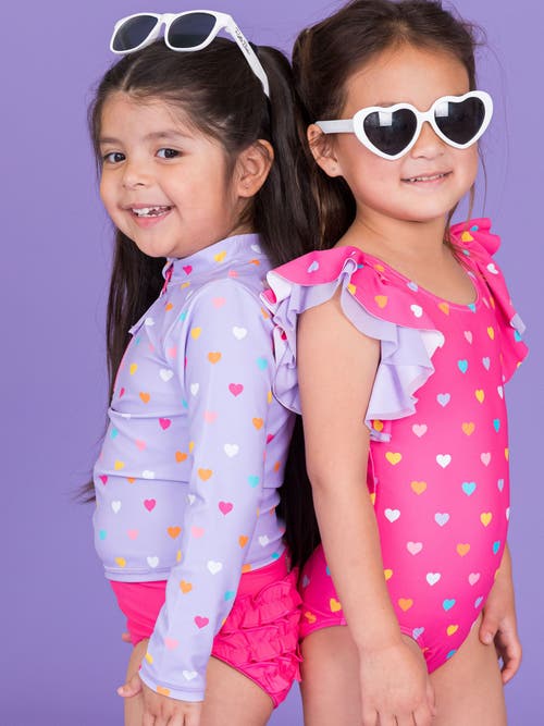 Rufflebutts Toddler Girls Upf50+ Long Sleeve Zipper Rash Guard 2-piece In Purple