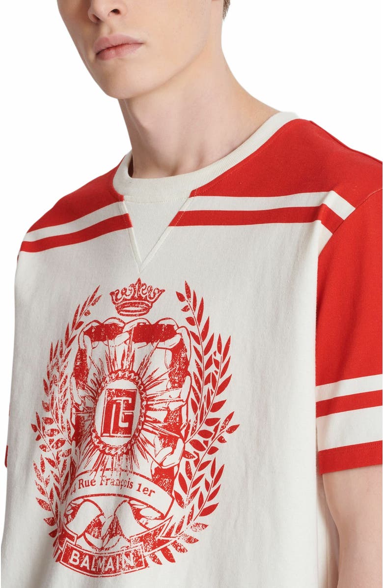 Balmain Varsity T-Shirt With Balmain Écusson Print, Alternate, color, Red