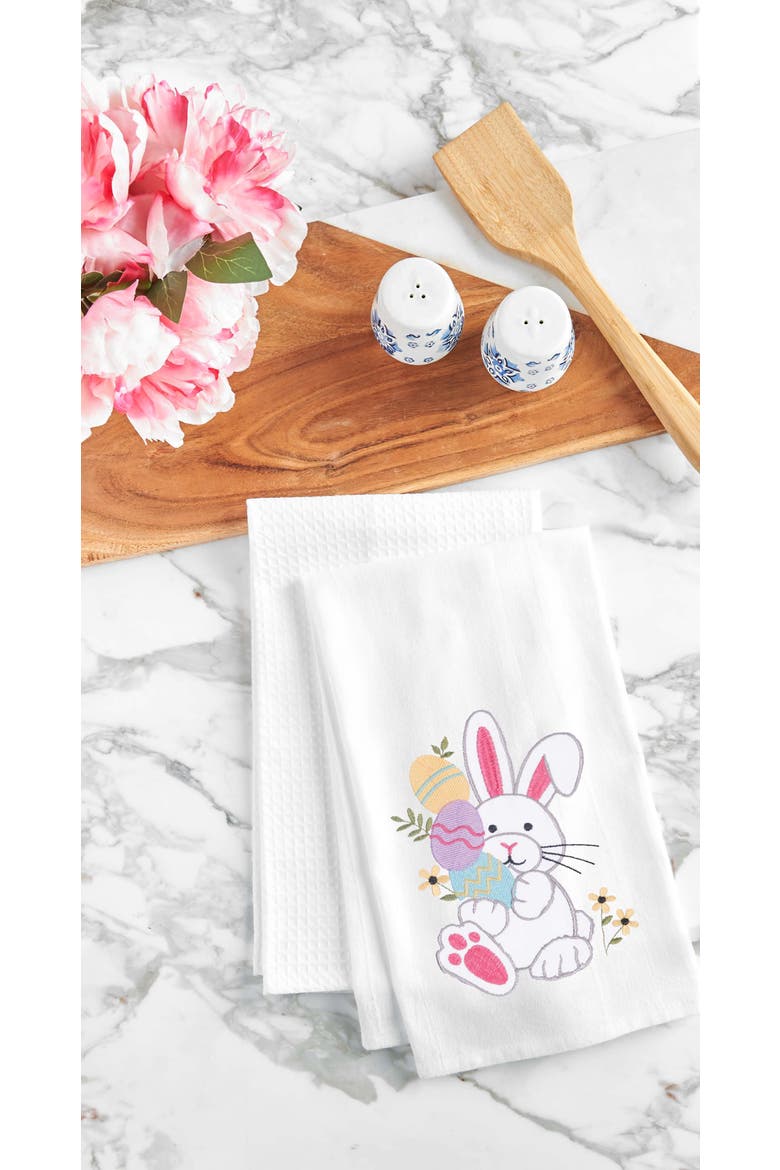 Easter Bunny Rabbit Egg Hunt Embroidered Cotton Flour Sack Kitchen Dishtowel, Alternate, color, White