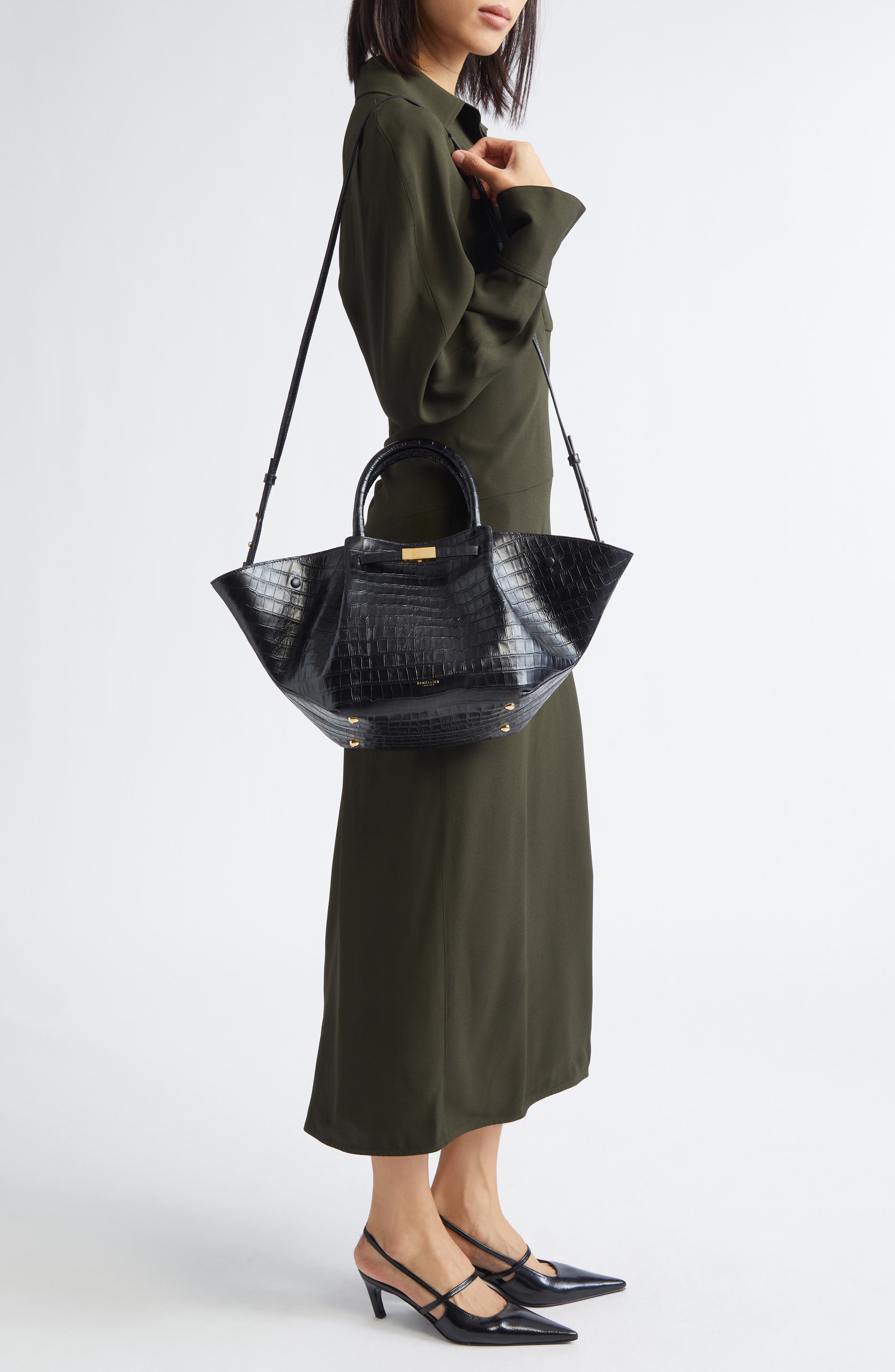 DeMellier New York Leather East/West Midi Tote, Alternate, color, Black Croc Effect