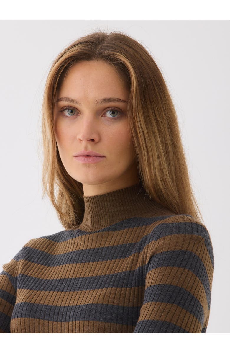 Majestic Filatures Merino Superfine Rib Knit Stripe Turtleneck, Alternate, color, Camel/Anthracite Chine