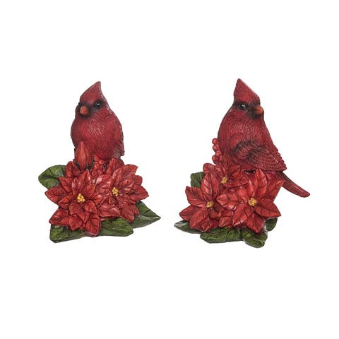 Resin Cardinal and Poinsettia Figurine Set of Two Christmas Decor