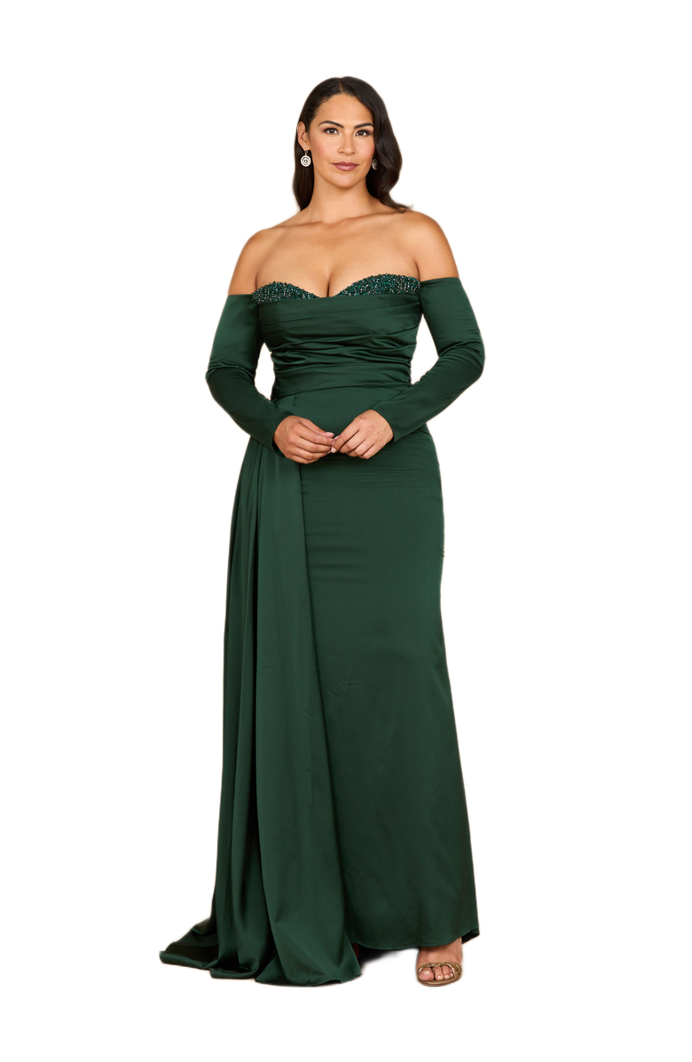 LARA New York Off Shoulder Satin Dress with Beaded Details, Main, color, Dark Green