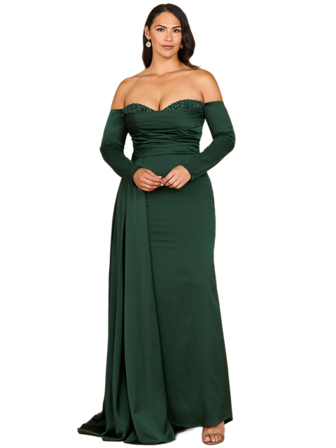 Off Shoulder Satin Dress with Beaded Details