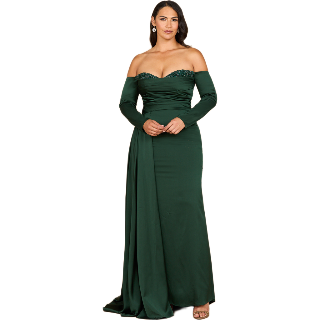 Lara New York Off Shoulder Satin Dress With Beaded Details In Green