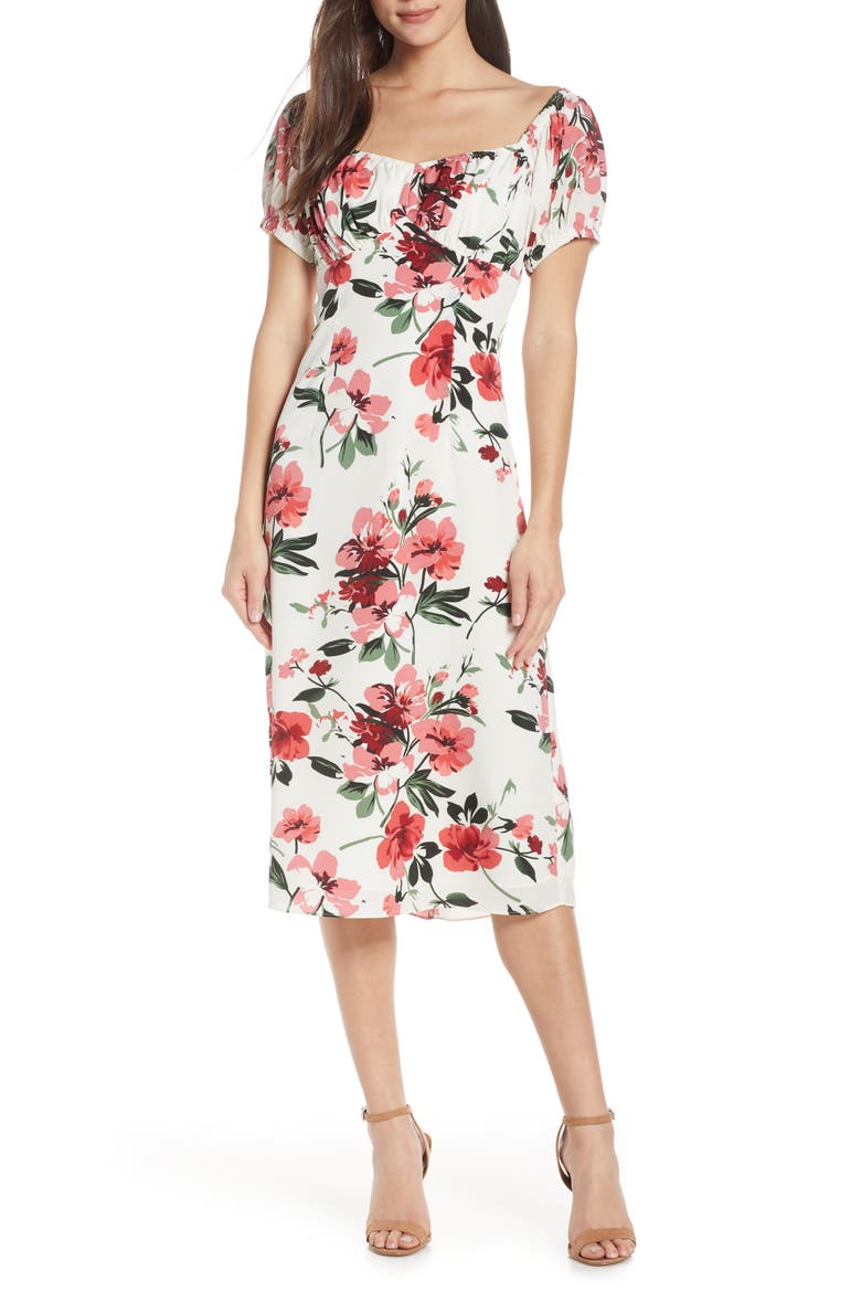 Floral Print Sweetheart Midi Dress, Main, color, RED FLORAL