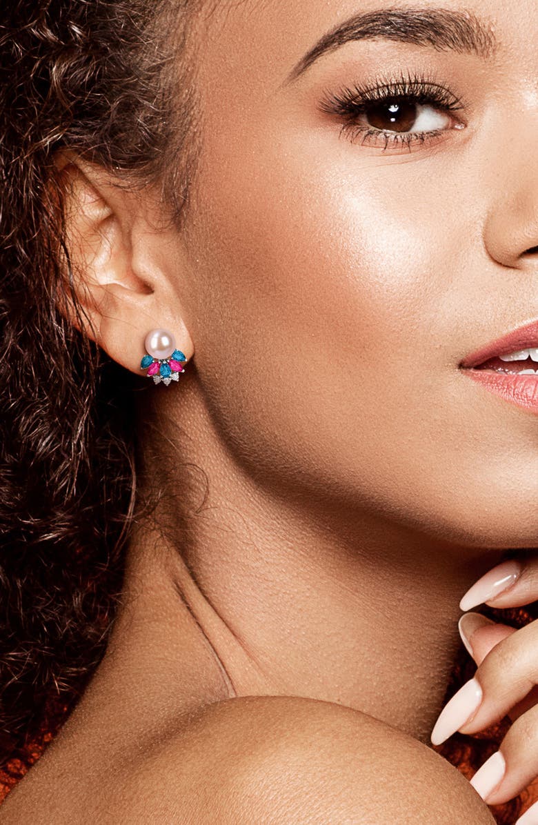 DELMAR 8-8.5mm Cultured Freshwater Pearl & Gemstone Cluster Earrings & Necklace Set, Alternate, color, Pink/ Blue/ Silver Multi