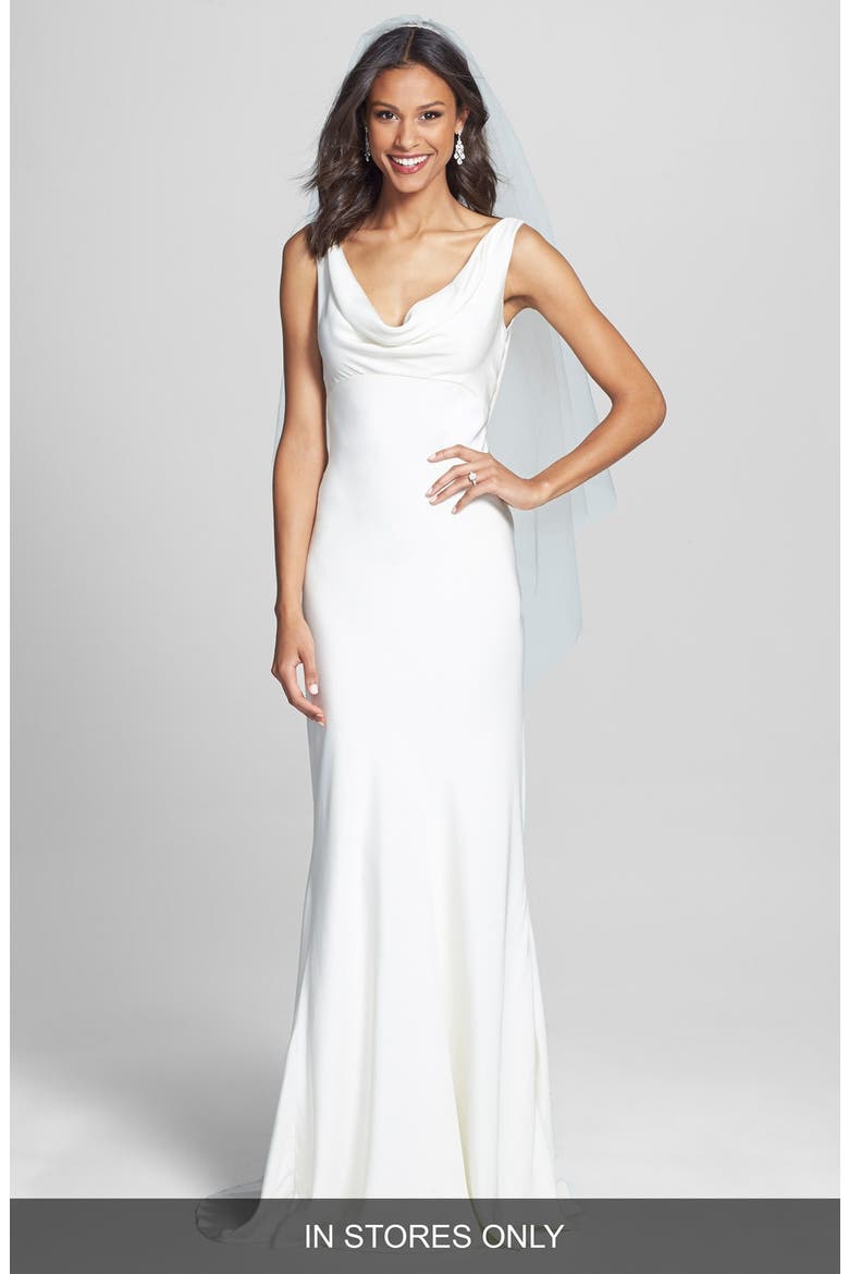 Draped Neck Silk Crepe Wedding Dress, Main, color, SILK WHITE