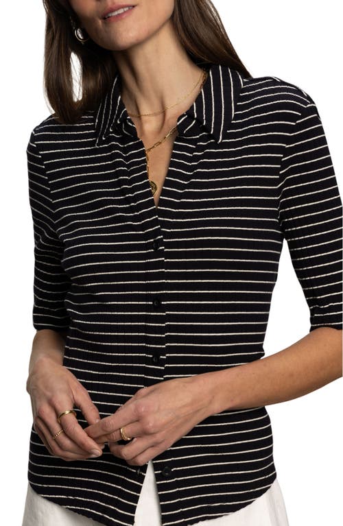 Sanctuary Stripe Elbow Sleeve Rib Button-up Shirt In Black Chalk