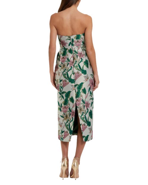 Mac Duggal Floral Brocade Strapless Fitted Midi Dress In Green
