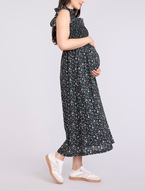 Motherhood Maternity Sleeveless Ruffle Shoulder Smocked Maxi Dress In Black