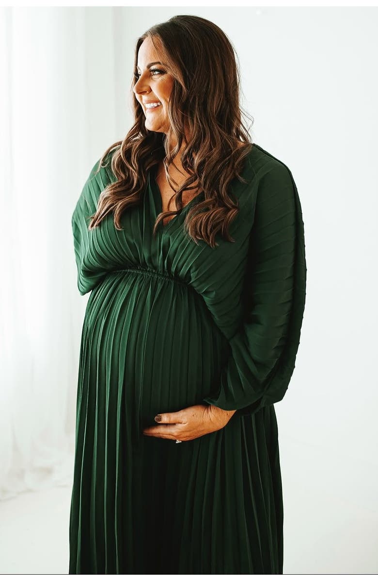 PinkBlush Satin Pleated V-Neck Maxi Dress, Alternate, color, Forest Green