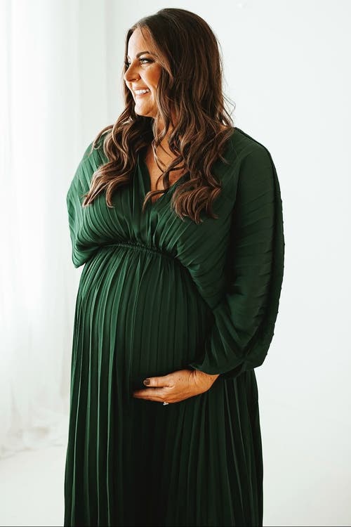 Pinkblush Satin Pleated V-neck Maxi Dress In Green