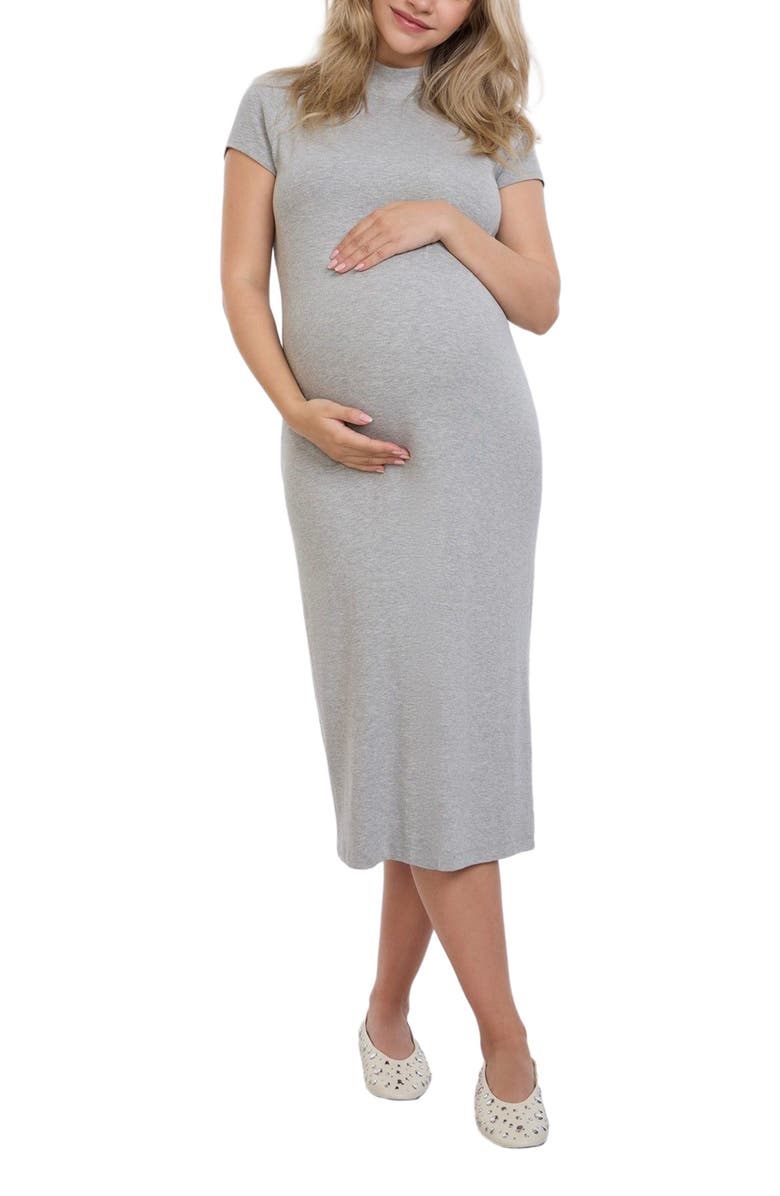 MOTHERHOOD MATERNITY Mock Neck Short Sleeve Ribbed Maternity Midi Dress, Main, color, Heather Grey