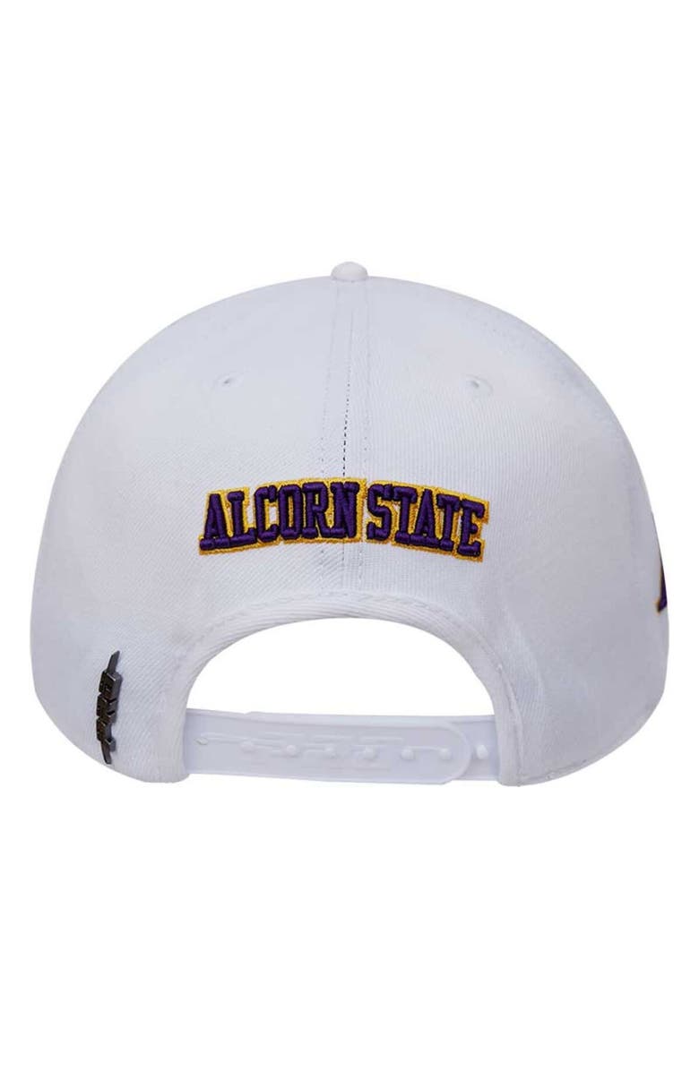 PRO STANDARD Men's Pro Standard White Alcorn State Braves Arch Over Evergreen Wool Snapback Hat, Alternate, color, White