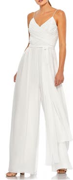 Ieena for Mac Duggal Women's Flowy Faux Wrap Wide-Leg Jumpsuit