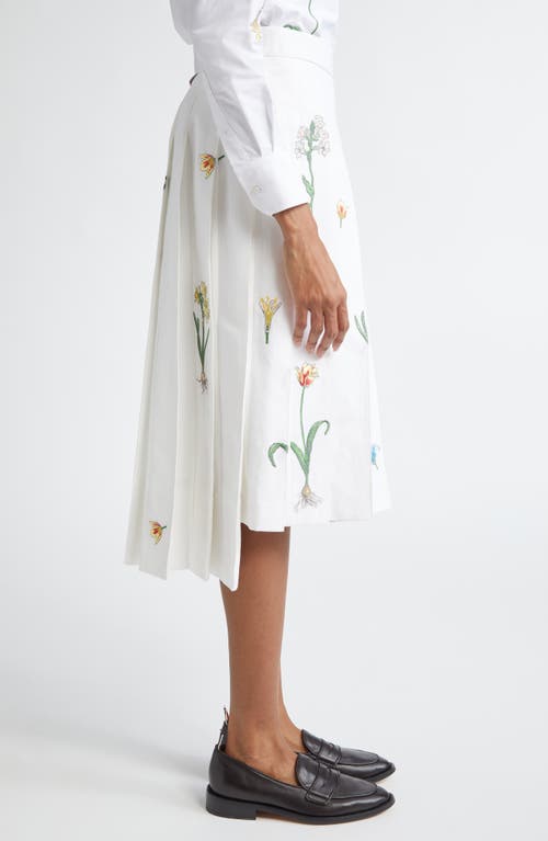 Thom Browne Botanical Embroidered Pleated Cotton & Linen Midi Skirt In White